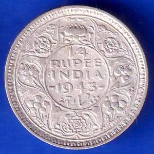 British India 1943 Lahore Mint George Vi King Quarter Rupee Coin ANH2034