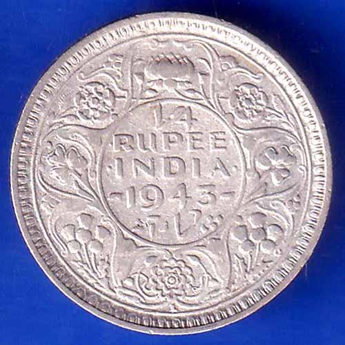 British India 1943 Lahore Mint George Vi King Quarter Rupee Coin ANH2034