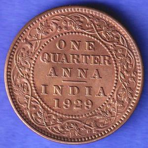 BRITISH INDIA 1929 GEORGE V KING EMPEROR ONE QUARTER SK749