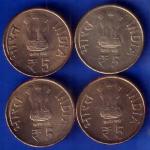 SETOF 4 : republic india 1915 2015 hyderabad mint rani gaidinliu 5 rupee coins ANH1880