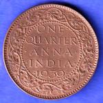 BRITISH INDIA 1939 GORGE VI KING ONE QUARTER ANNA COPPER COIN HSK738