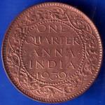 BRITISH INDIA 1939 GORGE VI KING ONE QUARTER ANNA COPPER COIN ANH1481