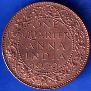 BRITISH INDIA 1939 GORGE VI KING ONE QUARTER ANNA COPPER COIN ANH1230