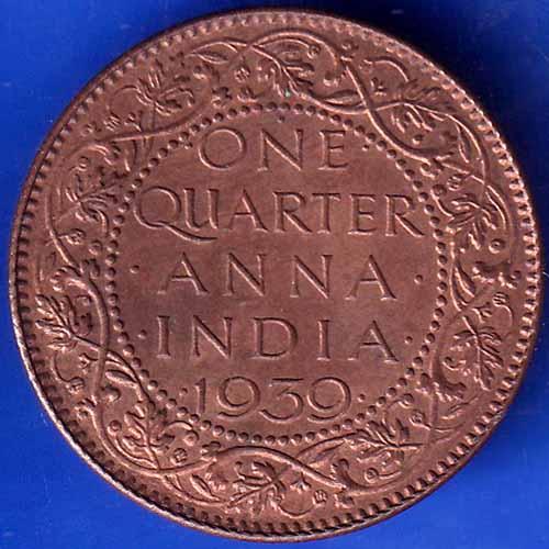 BRITISH INDIA 1939 GORGE VI KING ONE QUARTER ANNA COPPER COIN ANH1230