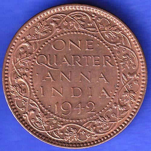 British India 1942 George VI King Emperor One Quarter Anna Copper Coin HSK336