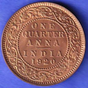 British India 1920 George V King ONE QUARTER Anna Copper Coin SK93