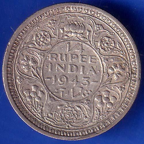 British India 1943 Bombay Mint George VI King Quarter Rupee Coin ANH386