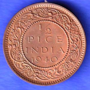 BRITISH INDIA 1940 1/2 PICE GEORGE VI COPPER COIN HSK783