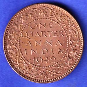British India 1942 George VI King Emperor One Quarter Anna Copper Coin HSK742