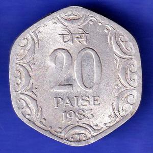 republic india 1983 20 Paisa coin HSK888