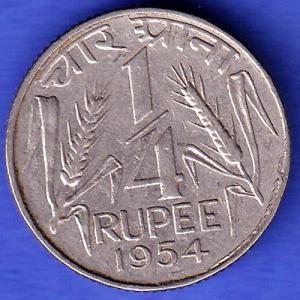 Government of India 1954 1/4 Rupee calcutta MINT Coin HSK1040