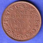 British India 1942 George VI King Emperor One Quarter Anna Copper Coin SK755