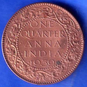 BRITISH INDIA 1939 GORGE VI KING ONE QUARTER ANNA COPPER COIN ANH2353