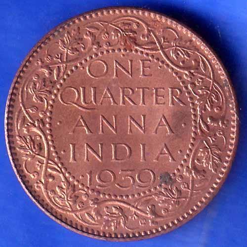 BRITISH INDIA 1939 GORGE VI KING ONE QUARTER ANNA COPPER COIN ANH2353