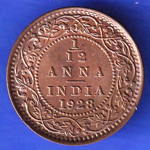 British India 1928 George V King 1/12 Anna Copper Coin ANH3153