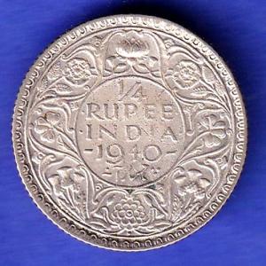 BRITISH INDIA 1940 george vi 1/4 RUPEE SILVER COIN HSK902