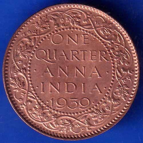 BRITISH INDIA 1939 GORGE VI KING ONE QUARTER ANNA COPPER COIN ANH2003
