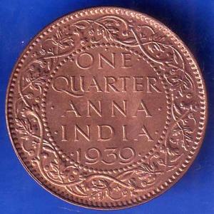 UNC BRITISH INDIA 1939 GORGE VI KING ONE QUARTER ANNA COPPER COIN ANH2155