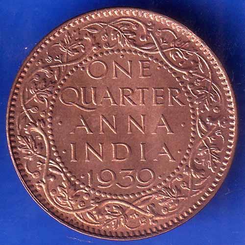 UNC BRITISH INDIA 1939 GORGE VI KING ONE QUARTER ANNA COPPER COIN ANH2155