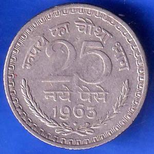 Republic India 25 Paisa 1963 BOMBAY MINT Coin ANH2703