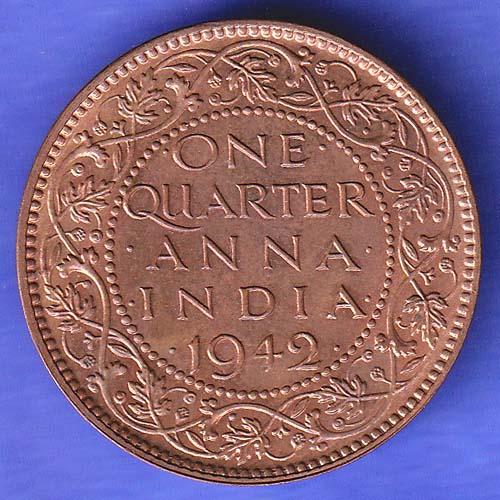 British India 1942 George VI King Emperor One Quarter Anna Copper Coin SK606