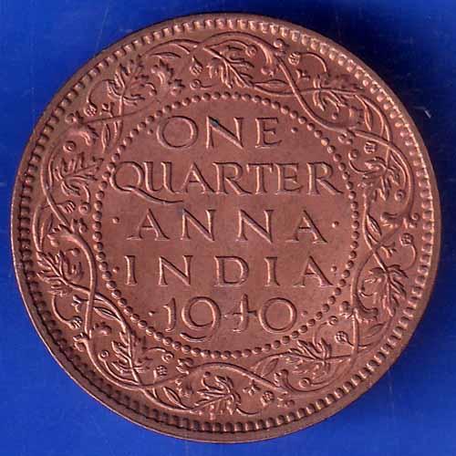 British India 1940 George VI King One Quarter Anna Copper Coin ANH1787