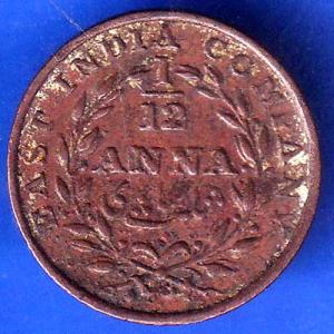East India Company 1835 1/12 Anna Copper Coin ANH2086