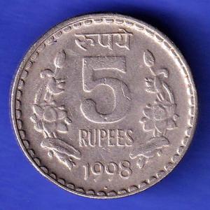 Republic India 1998 NOIDA  Mint 5 Rupee Coin HSK938