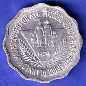 Republic India 1974 BOMBAY MINT Rare Planned Families Food For All 10 Paisa Coin SK243