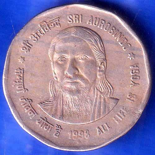 Republic India 1998 Hyderabad Mint All Life Is Yoga SRI Aurobindo 2 Rupee Coin ANH2533