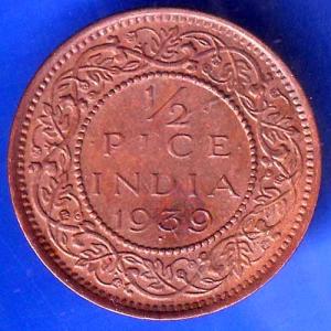 BRITISH INDIA 1939 GORGE VI KING 1/2 PICE BOMBAY MINT RARE COIN ANH2991