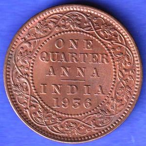 BRITISH INDIA 1936 GORGE V KING ONE QUARTER ANNA COPPER COIN HSK747