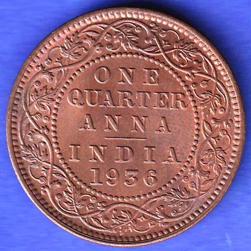 BRITISH INDIA 1936 GORGE V KING ONE QUARTER ANNA COPPER COIN HSK747