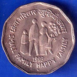 Republic India 1993 Small Family Happy Family 2 Rupee BOMBAY MINT Coin ANH2195