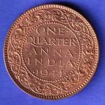 British India 1941 George Vi King ONE QUARTER Anna Copper Coin HSK947