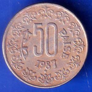 Republic India 1987 Hyderabad Mint 50 Paisa Coin ANH2887