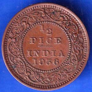 British India 1936 George V King Emperor Half Pice Coin ANH2096