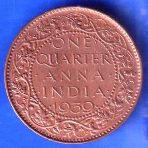 BRITISH INDIA 1939 GORGE VI KING ONE QUARTER ANNA COPPER COIN ANH2491