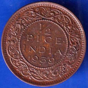 British India 1939 Bombay Mint George Vi King Emperor Half Pice Coin ANH1643