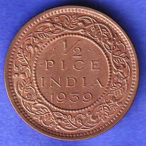 BRITISH INDIA 1939 GORGE VI KING 1/2 PICE BOMBAY MINT RARE COIN HSK897