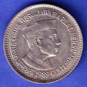 Republic India 1989 BOMBAY MINT Jawahar lal Nehru Centenary 5 Rupee HSK898