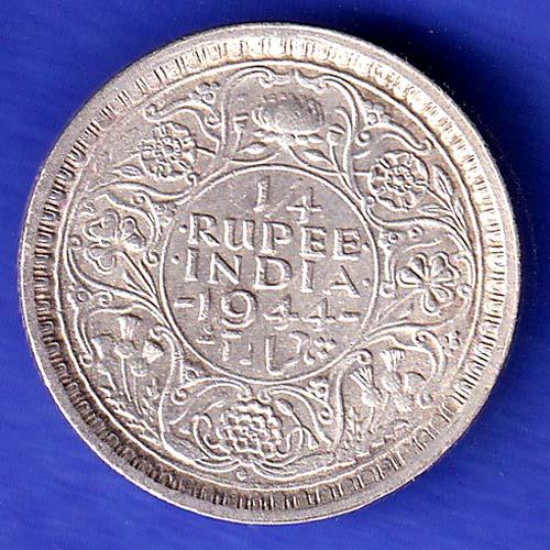 BRITISH INDIA 1944 LAHORE MINT GEORGE VI 1/4 RUPEE BEAUTIFUL SILVER COIN HSK900