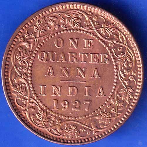 British India 1927 BOMBAY MINT George V One Quarter Anna Coin ANH2603