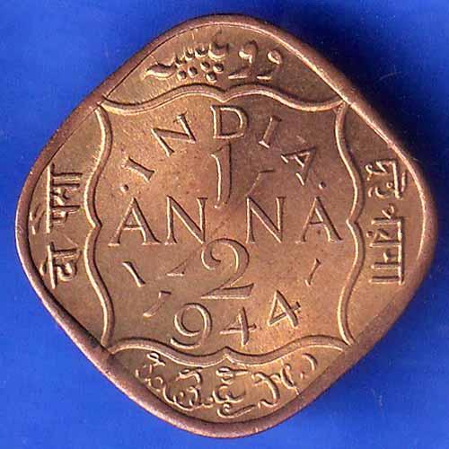 BRITISH INDIA 1944 GEORGE VI 1/2 ANNA COIN HSK 3