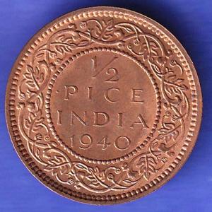 BRITISH INDIA 1940 1/2 PICE GEORGE VI COPPER COIN SK105