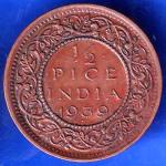 British India 1939 Bombay Mint George V King Emperor Half Pice Coin ANH2004