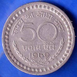 Republic India 1969 RARE BOMBAY MINT 50 Paisa Coin ANH2704