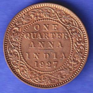 British India 1927 BOMBAY MINT George V One Quarter Anna Coin SK506