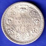 british india 1942 george vi 1/4 rupee silver coin HSK649