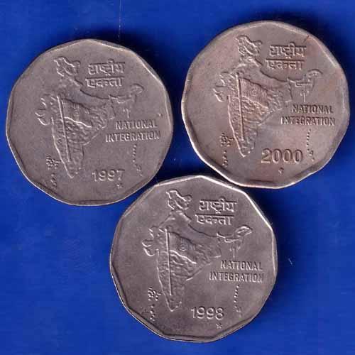 SET OF 3 REPUBLIC INDIA TWO RUPEE 1997 HYDRABAD MINT 1998 HYDRABAD MINT AND 2000 NOIDA MINT ANH1648